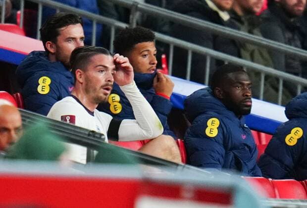 Mandatory Credit: Photo by Javier Garcia Shutterstock (12534018ak) Jack Grealish of England reacts after being substituted England v Hungary, FIFA World Cup, WM, Weltmeisterschaft, Fussball 2022 Qualifying, Group I, Football, Wembley Stadium, London, UK - 12 Oct 2021 EDITORIAL USE ONLY No use with unauthorised audio, video, data, fixture lists, club league logos or live services. Online in-match use limited to 120 images, no video emulation. No use in betting, games or single club league player publications. England v Hungary, FIFA World Cup 2022 Qualifying, Group I, Football, Wembley Stadium, London, UK - 12 Oct 2021 EDITORIAL USE ONLY No use with unauthorised audio, video, data, fixture lists, club league logos or live services. Online in-match use limited to 120 images, no video emulation. No use in betting, games or single club league player publications.  Copyright: xJavierxGarcia Shutterstockx 12534018ak