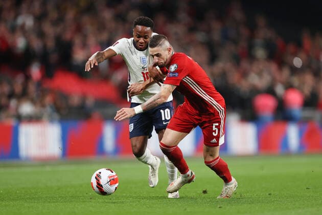 England v Hungary 12 October 2021, London - International Football - World Cup Qualifier - England v Hungary - Raheem Sterling of England battles with Zsolt Nagy of Hungary - Photo: Charlotte Wilson Offside. London UK Copyright: xCharlottexWilsonx xOffsidexOffside