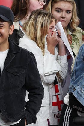 England v Hungary 12 October 2021, London - International Football - World Cup Qualifier - England v Hungary - A female England fan reacts after Jadon Sancho of England gave her his shirt after the match - Photo: Charlotte Wilson Offside. London UK Copyright: xCharlottexWilsonx xOffsidexOffside