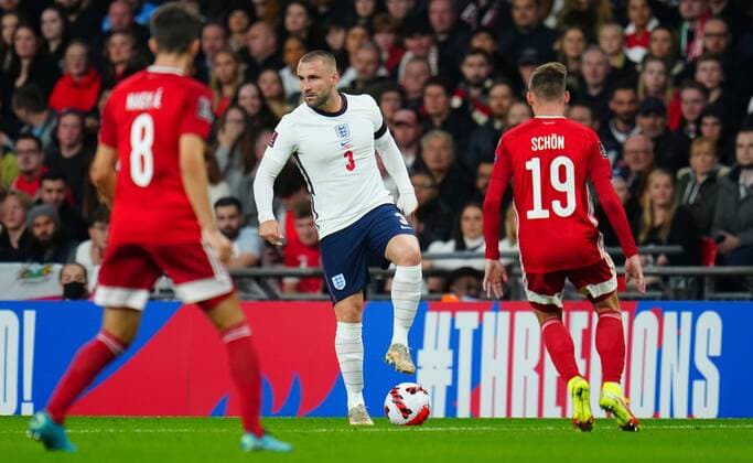 Mandatory Credit: Photo by Javier Garcia Shutterstock (12534018el) Luke Shaw of England England v Hungary, FIFA World Cup, WM, Weltmeisterschaft, Fussball 2022 Qualifying, Group I, Football, Wembley Stadium, London, UK - 12 Oct 2021 EDITORIAL USE ONLY No use with unauthorised audio, video, data, fixture lists, club league logos or live services. Online in-match use limited to 120 images, no video emulation. No use in betting, games or single club league player publications. England v Hungary, FIFA World Cup 2022 Qualifying, Group I, Football, Wembley Stadium, London, UK - 12 Oct 2021 EDITORIAL USE ONLY No use with unauthorised audio, video, data, fixture lists, club league logos or live services. Online in-match use limited to 120 images, no video emulation. No use in betting, games or single club league player publications.  Copyright: xJavierxGarcia Shutterstockx 12534018el