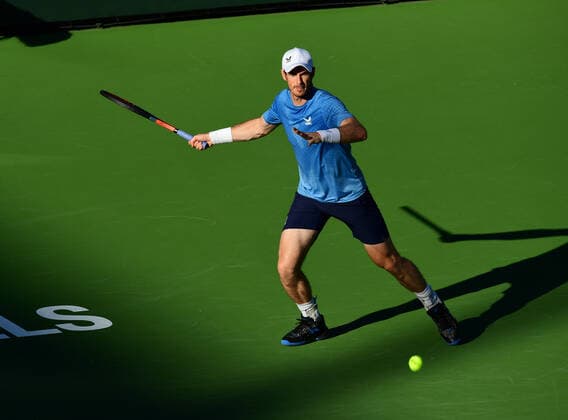 INDIAN WELLS, CA - OCTOBER 12: Andy Murray of Great Britain chases after and returns the ball during a tennis match played at the BNP Paribas Open on October 12, 2021 at the Indian Wells Tennis Garden in Indian Wells, CA. (Photo by John Cordes Icon Sportswire) TENNIS: OCT 12 BNP Paribas Open Icon506211012514