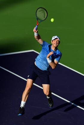 INDIAN WELLS, CA - OCTOBER 12: Andy Murray of Great Britain hits an overhead shot for a winner during a tennis match played at the BNP Paribas Open on October 12, 2021 at the Indian Wells Tennis Garden in Indian Wells, CA. (Photo by John Cordes Icon Sportswire) TENNIS: OCT 12 BNP Paribas Open Icon506211012519