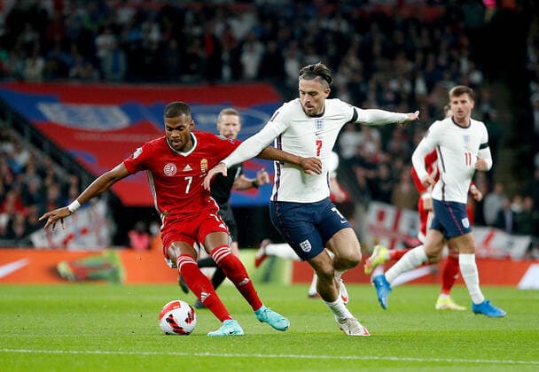 (211013) -- LONDON, Oct. 13, 2021 -- England s Jack Grealish (C) challenges Hungary s Loic Nego (L) during the FIFA World Cup, WM, Weltmeisterschaft, Fussball Qatar 2022 qualification group I match between England and Hungary in London, Britain on Oct. 12, 2021. (Photo by Xinhua) (SP)BRITAIN-LONDON-FOOTBALL-WORLD CUP QUALIFYING-ENGLAND VS HUNGARY MatthewxImpey 
