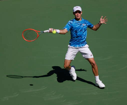 October 13, 2021 Diego Schwartzman (ARG) returns a shot to Casper Ruud (NOR) during the 2021 BNP Paribas Open at Indian Wells Tennis Garden in Indian Wells, California. Mandatory Photo Credit : CSM Indian Wells United States of America - ZUMAc04_ 20211013_zaf_c04_038 Copyright: xCharlesxBausx