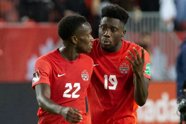 October 13, 2021, Toronto, on, Canada: Canada s Alphonso Davies (right) speaks with teammate Richie Laryea after the final whistle following their 4-1 win over Panama in World Cup Qualifying action in Toronto, on Wednesday, October 13, 2021. Alphonso Davies ; Richie Laryea  - ZUMAc35_ 20211013_zaf_c35_071 Copyright: xChrisxYoungx