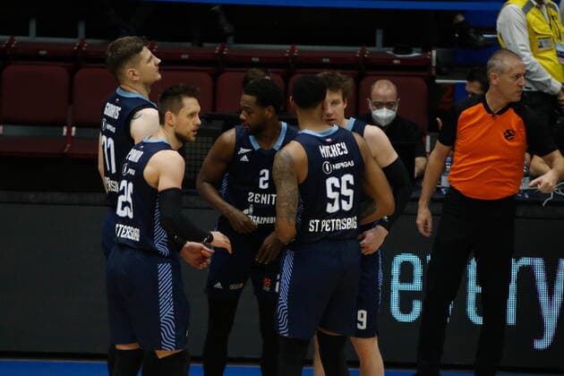 Saint Petersburg, Russia - 14 october 2021: Basketball. Euroleague 2021-2022, BC Zenit vs FC Bayern Munich. Player of the Zenit basketball club Arturas Gudaitis, Jordan Mickey, Jordan Loyd, Dmitry Kulagin MaksimxKonstantinov