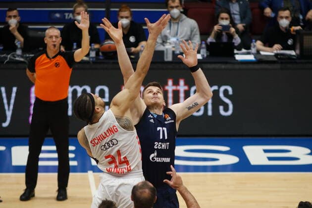 Saint Petersburg, Russia - 14 october 2021: Basketball. Euroleague 2021-2022, BC Zenit vs FC Bayern Munich. Player of the Zenit basketball club Arturas Gudaitis, Gavin Schilling MaksimxKonstantinov