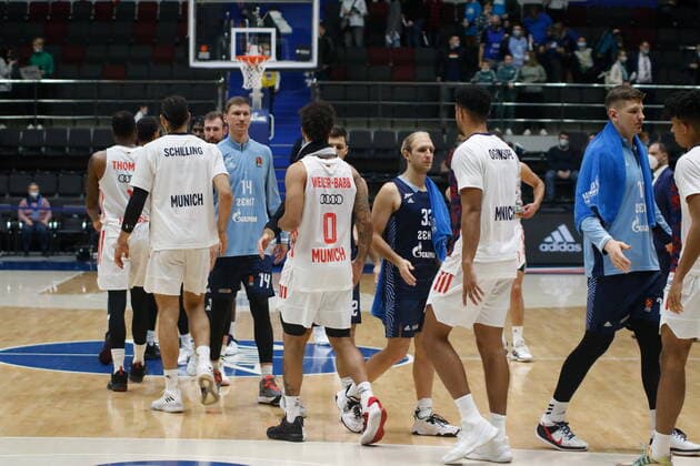Saint Petersburg, Russia - 14 october 2021: Basketball. Euroleague 2021-2022, BC Zenit vs FC Bayern Munich. Player of the Bayern basketball club Ognjen Jaramaz, Nihad Djedovic, Augustine Rubit MaksimxKonstantinov