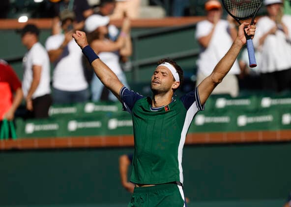 October 14, 2021 Grigor Dimitrov of Bulgaria celebrates after defeating Hubert Hurkacz of Poland during their quarterfinal match of the 2021 BNP Paribas Open at Indian Wells Tennis Garden in Indian Wells, California. Mandatory Photo Credit : CSM Indian Wells United States of America - ZUMAc04_ 20211014_zaf_c04_016 Copyright: xCharlesxBausx