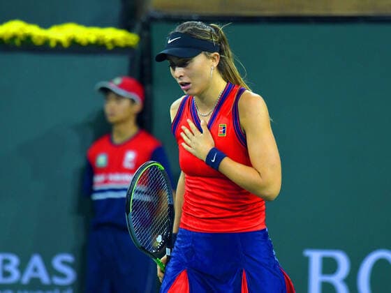INDIAN WELLS, CA - OCTOBER 14: Paula Badosa (ESP) reacts after winning her quarterfinal match during the BNP Paribas Open on October 14, 2021, at the Indian Wells Tennis Garden in Indian Wells, CA. (Photo by Cynthia Lum Icon Sportswire) TENNIS: OCT 14 BNP Paribas Open Icon250211014118