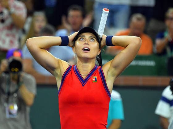 INDIAN WELLS, CA - OCTOBER 14: Paula Badosa (ESP) reacts after winning her quarterfinal match during the BNP Paribas Open on October 14, 2021, at the Indian Wells Tennis Garden in Indian Wells, CA. (Photo by Cynthia Lum Icon Sportswire) TENNIS: OCT 14 BNP Paribas Open Icon250211014121