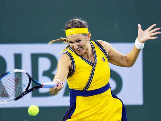 INDIAN WELLS, CA - OCTOBER 15: Victoria Azarenka (BLR) hitting a forehand during her semifinal match at the BNP Paribas Open on October 15, 2021, at the Indian Wells Tennis Garden in Indian Wells, CA. (Photo by Cynthia Lum Icon Sportswire) TENNIS: OCT 15 BNP Paribas Open Icon2502110151280