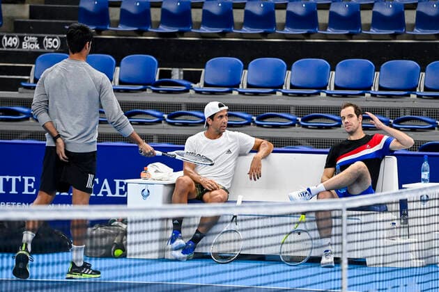 Spanish Fernando Verdasco and French Richard Gasquet pictured during a training session ahead of the European Open Tennis ATP, Tennis Herren tournament, in Antwerp, Saturday 16 October 2021. LAURIExDIEFFEMBACQ  x3114215x