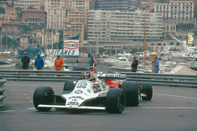 Carlos Reutemann siegt im Williams-Ford im GP Monaco 1980 vor Jacques Laffite im Ligier-Ford und Nelson Piquet im Brabham-Ford und Jochen Mass im Arrows Ford alle in der gleichen Runde fünfter wird Gilles Villeneuve im Ferrari eine Runde zurück *** Carlos Reutemann wins the 1980 Monaco GP in a Williams Ford ahead of Jacques Laffite in a Ligier Ford and Nelson Piquet in a Brabham Ford and Jochen Mass in an Arrows Ford all on the same lap Gilles Villeneuve in a Ferrari is fifth one lap down.