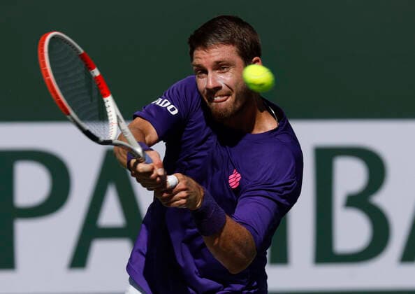 October 16, 2021 Cameron Norrie of Great Britain returns a shot against Grigor Dimitrov of Bulgaria in their semifinal match during the 2021 BNP Paribas Open at Indian Wells Tennis Garden in Indian Wells, California. Mandatory Photo Credit : CSM Indian Wells United States of America - ZUMAc04_ 20211016_zaf_c04_206 Copyright: xCharlesxBausx