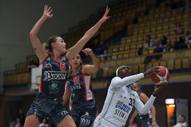 Basketball Damen 1. Bundesliga 5. Spieltag Herner TC - TSV 1880 Wasserburg am 16.10.2021 im Sportpark Wanne-Eickel in Herne Halieght Reinoehl ( Wasserburg ), links - Nicole Enabosi ( Herne )i, rechts