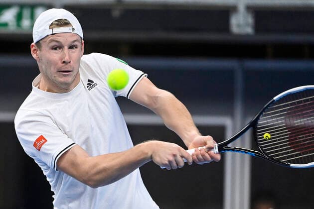 Belgian Gauthier Onclin pictured in action during a match between Italian Seppi and Belgian Onclin, in the qualifications for the European Open Tennis ATP, Tennis Herren tournament, in Antwerp, Sunday 17 October 2021. LAURIExDIEFFEMBACQ  x3114547x