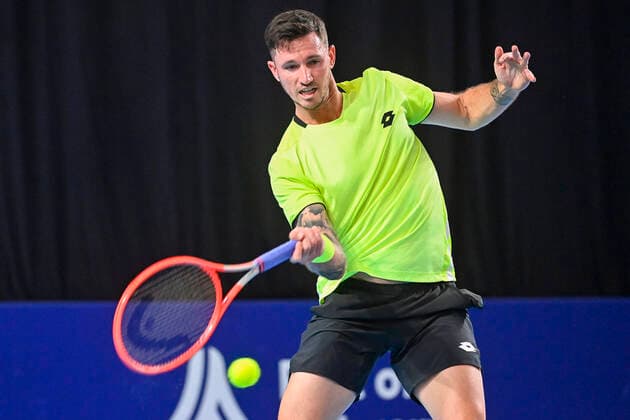 Austrian Dennis Novak pictured in action during a match between Slovakia s Kovalik vs Austrian Novak, in the qualifications for the European Open Tennis ATP, Tennis Herren tournament, in Antwerp, Sunday 17 October 2021. LAURIExDIEFFEMBACQ  x3114578x