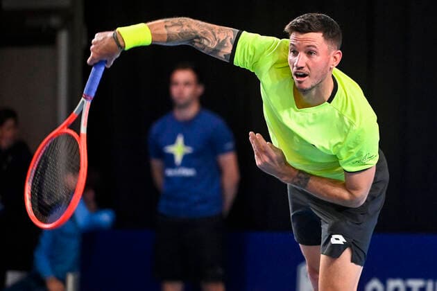 Austrian Dennis Novak pictured in action during a match between Slovakia s Kovalik vs Austrian Novak, in the qualifications for the European Open Tennis ATP, Tennis Herren tournament, in Antwerp, Sunday 17 October 2021. LAURIExDIEFFEMBACQ  x3114586x