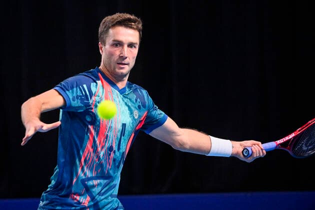 Great Britain Liam Broady pictured in action during a match between Spanish Carballes Baena and Great Britain s Broady, in the qualifications for the European Open Tennis ATP, Tennis Herren tournament, in Antwerp, Sunday 17 October 2021. LAURIExDIEFFEMBACQ  x3114718x