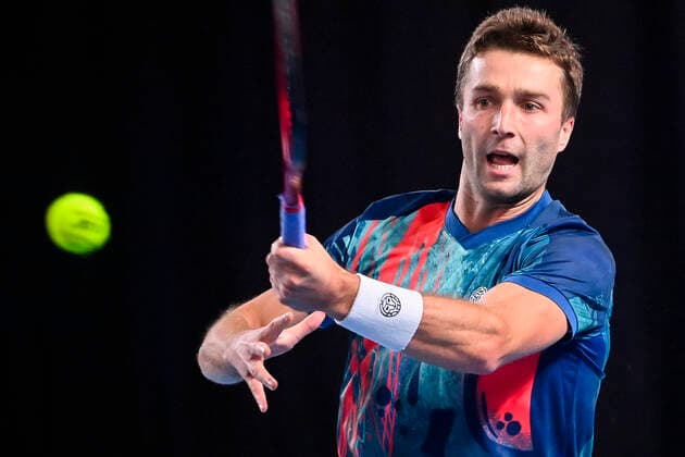 Great Britain Liam Broady pictured in action during a match between Spanish Carballes Baena and Great Britain s Broady, in the qualifications for the European Open Tennis ATP, Tennis Herren tournament, in Antwerp, Sunday 17 October 2021. LAURIExDIEFFEMBACQ  x3114734x