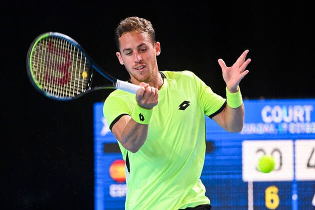 Spanish Roberto Carballes Baena pictured in action during a match between Spanish Carballes Baena and Great Britain s Broady, in the qualifications for the European Open Tennis ATP, Tennis Herren tournament, in Antwerp, Sunday 17 October 2021. LAURIExDIEFFEMBACQ  x3114742x
