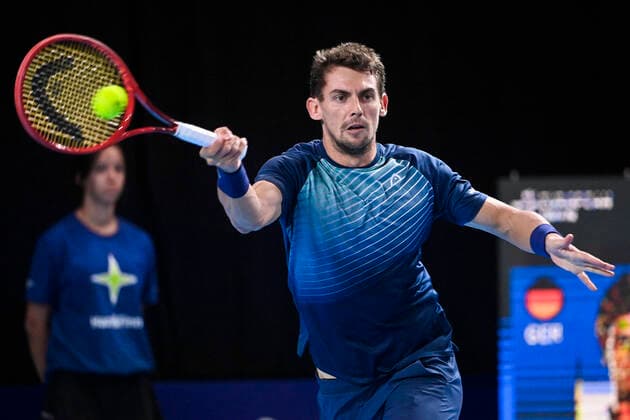 Swiss Henri Laaksonen pictured in action during a match between German Hanfmann and Swiss Laaksonen, in the qualifications for the European Open Tennis ATP, Tennis Herren tournament, in Antwerp, Sunday 17 October 2021. LAURIExDIEFFEMBACQ  x3114978x