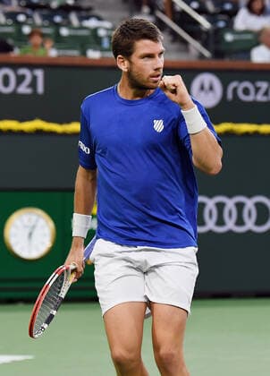 INDIAN WELLS, CA - OCTOBER 17: Cameron Norrie of Great Britain reacts after winning a point during a finals tennis match at the BNP Paribas Open played on October 17, 2021 at the Indian Wells Tennis Garden in Indian Wells, CA. (Photo by John Cordes Icon Sportswire) TENNIS: OCT 17 BNP Paribas Open Icon506211017909