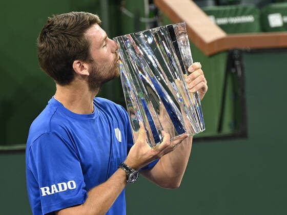 INDIAN WELLS, CA - OCTOBER 17: Cameron Norrie (GBR) posing with the trophy after winning the men s singles final at the BNP Paribas Open on October 17, 2021, at the Indian Wells Tennis Garden in Indian Wells, CA. (Photo by Cynthia Lum Icon Sportswire) TENNIS: OCT 17 BNP Paribas Open Icon2502110171447