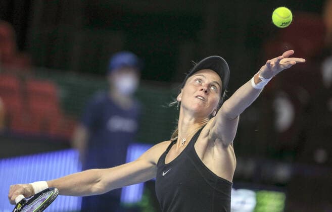 MOSCOW, RUSSIA - OCTOBER 18, 2021: Russia s Lyudmila Samsonova serves during her VTB Kremlin Cup 2021 tennis match against Australia s Ajla Tomljanovic at the Krylatskoye Ice Palace. Mikhail Tereshchenko TASS  TS114847