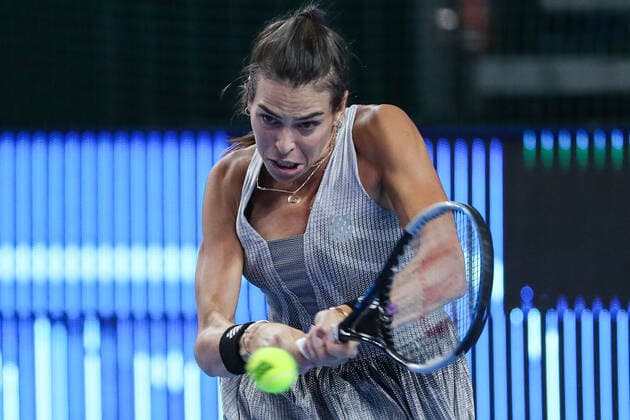 MOSCOW, RUSSIA - OCTOBER 18, 2021: Australia s Ajla Tomljanovic struggles in her VTB Kremlin Cup 2021 tennis match against Russia s Lyudmila Samsonova at the Krylatskoye Ice Palace. Mikhail Tereshchenko TASS  TS11486A