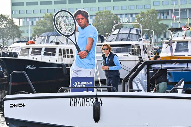 European Open Director Dick Norman pictured on a boat during a surprising stunt of the tennis players at the kick-off of the European Open Tennis ATP, Tennis Herren tournament, at the Havenhuis, in Antwerp, Monday 18 October 2021. DIRKxWAEM  x3116019x
