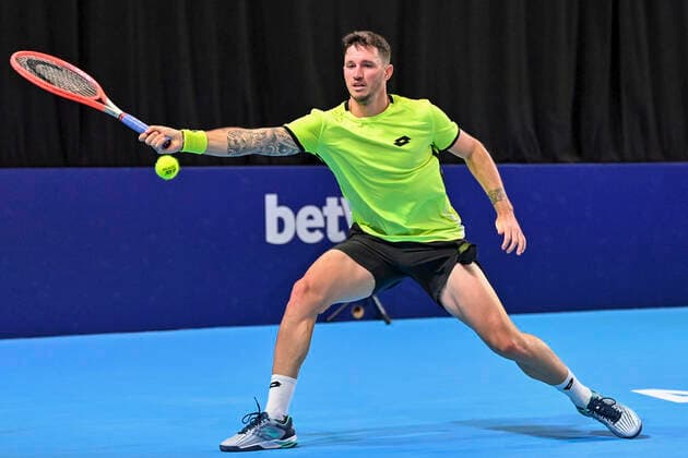 Austrian Dennis Novak pictured in action during a match between Italian Seppi and Austrian Novak, in the first round of the European Open Tennis ATP, Tennis Herren tournament, in Antwerp, Monday 18 October 2021. DIRKxWAEM  x3116208x