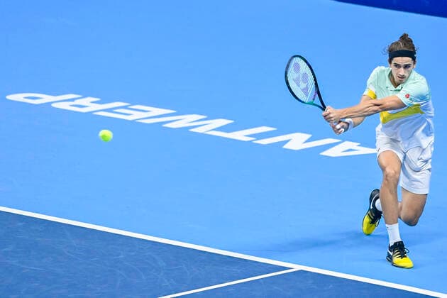 French Pierre-Hugues Herbert pictured in action during a match between US Nakashima and French Herbert, in the first round of the European Open Tennis ATP, Tennis Herren tournament, in Antwerp, Monday 18 October 2021. LAURIExDIEFFEMBACQ  x3116231x