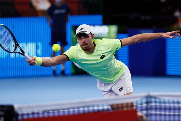 VTB Kremlin Cup 2021 International Tennis Tournament Benjamin Bonzi of France returns the ball to John Millman of Australia during the men s singles Round of 32 tennis match of the ATP, Tennis Herren 250 VTB Kremlin Cup 2021 International Tennis Tournament at the Irina Viner-Usmanova Gymnastics Palace on October 18, 2021 in Moscow, Russia. Moscow Russia kireev-notitle211018_npnVG  Copyright: xMikexKireevx