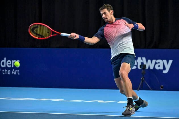 Swiss Henri Laaksonen pictured during a match between Spanish Carballes Baena and Swiss Laaksonen, in the first round of the European Open Tennis ATP, Tennis Herren tournament, in Antwerp, Monday 18 October 2021. DIRKxWAEM  x3116294x