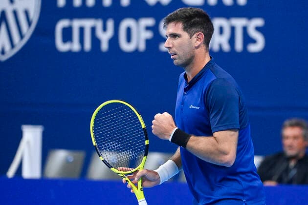Argentina s Federico Delbonis pictured in action during a match between Argentina s Delbonis and French Rinderknech, in the first round of the European Open Tennis ATP, Tennis Herren tournament, in Antwerp, Monday 18 October 2021. LAURIExDIEFFEMBACQ  x3116388x