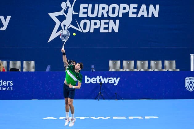 French Arthur Rinderknech pictured in action during a match between Argentina s Delbonis and French Rinderknech, in the first round of the European Open Tennis ATP, Tennis Herren tournament, in Antwerp, Monday 18 October 2021. LAURIExDIEFFEMBACQ  x3116407x