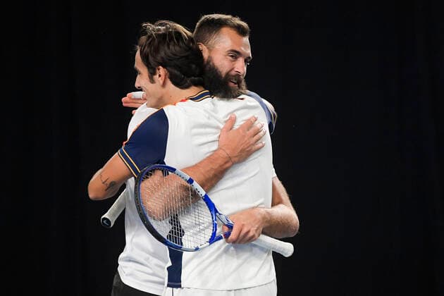 French Benoit Paire and Italian Lorenzo Musetti celebrate after winning a match between Italian-French pair Musetti-Paire and US pair Monroe-Opelka, in the first round of the European Open Tennis ATP, Tennis Herren tournament, in Antwerp, Monday 18 October 2021. LAURIExDIEFFEMBACQ  x3116582x