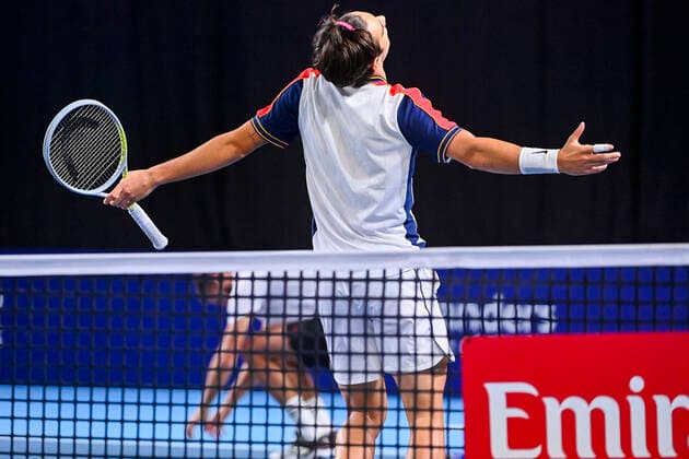 Italian Lorenzo Musetti and French Benoit Paire look dejected during a match between Italian-French pair Musetti-Paire and US pair Monroe-Opelka, in the first round of the European Open Tennis ATP, Tennis Herren tournament, in Antwerp, Monday 18 October 2021. LAURIExDIEFFEMBACQ  x3116636x