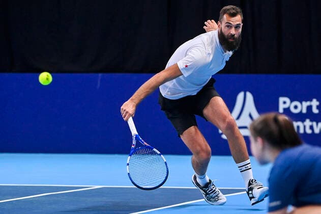 French Benoit Paire pictured in action during a match between Italian-French pair Musetti-Paire and US pair Monroe-Opelka, in the first round of the European Open Tennis ATP, Tennis Herren tournament, in Antwerp, Monday 18 October 2021. LAURIExDIEFFEMBACQ  x3116651x