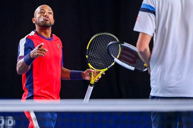 American Nicholas Monroe celebrates during a match between Italian-French pair Musetti-Paire and US pair Monroe-Opelka, in the first round of the European Open Tennis ATP, Tennis Herren tournament, in Antwerp, Monday 18 October 2021. LAURIExDIEFFEMBACQ  x3116687x