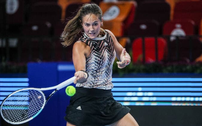 MOSCOW, RUSSIA - OCTOBER 18, 2021: Russia s Daria Kasatkina in action in her womenâ€™s singles Round of 32 tennis match against Ukraineâ€™s Anhelina Kalinina at the VTB Kremlin Cup 2021 at the Luzhniki Palace of Sports. Mikhail Tereshchenko TASS  TS114A38