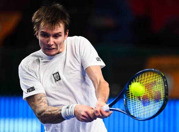 6675348 19.10.2021 Kazakhstan s Alexander Bublik returns a shot during the men s singles first round tennis match against Ukraine s Illya Marchenko at the Kremlin Cup, in Moscow, Russia. Vladimir Astapkovich Sputnik Russia Tennis Kremlin Cup  8b598aedd318a2a0