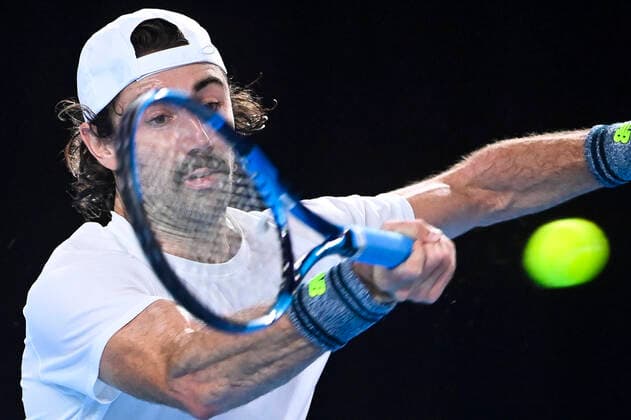 Australian Jordan Thompson pictured in action during a tennis match against Spanish Davidovich Fokina, in the first round of the European Open Tennis ATP, Tennis Herren tournament, in Antwerp, Tuesday 19 October 2021. LAURIExDIEFFEMBACQ  x3117041x
