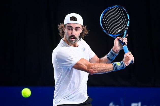 Australian Jordan Thompson pictured in action during a match between Spanish Davidovich Fokina and Australian Thompson, in the first round of the European Open Tennis ATP, Tennis Herren tournament, in Antwerp, Tuesday 19 October 2021. LAURIExDIEFFEMBACQ  x3117072x