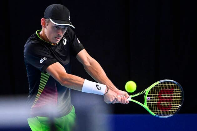 Australian Alex De Minaur pictured in action during a match between Australian De Minaur and US Nakashima, in the first round of the European Open Tennis ATP, Tennis Herren tournament, in Antwerp, Tuesday 19 October 2021. LAURIExDIEFFEMBACQ  x3117121x