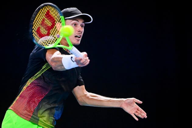 Australian Alex De Minaur pictured in action during a match between Australian De Minaur and US Nakashima, in the first round of the European Open Tennis ATP, Tennis Herren tournament, in Antwerp, Tuesday 19 October 2021. LAURIExDIEFFEMBACQ  x3117127x