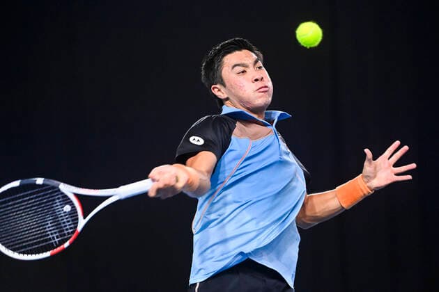 US Brandon Nakashima pictured in action during a match between Australian De Minaur and US Nakashima, in the first round of the European Open Tennis ATP, Tennis Herren tournament, in Antwerp, Tuesday 19 October 2021. LAURIExDIEFFEMBACQ  x3117143x