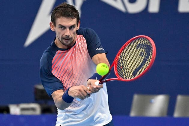 Swiss Henri Laaksonen pictured in action during a match between Swiss Laaksonen and French Paire, in the first round of the European Open Tennis ATP, Tennis Herren tournament, in Antwerp, Tuesday 19 October 2021. DIRKxWAEM  x3117181x